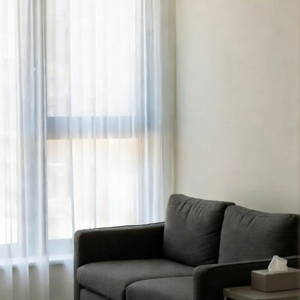 A calm room with a dark grey couch beside a soft, bright window.