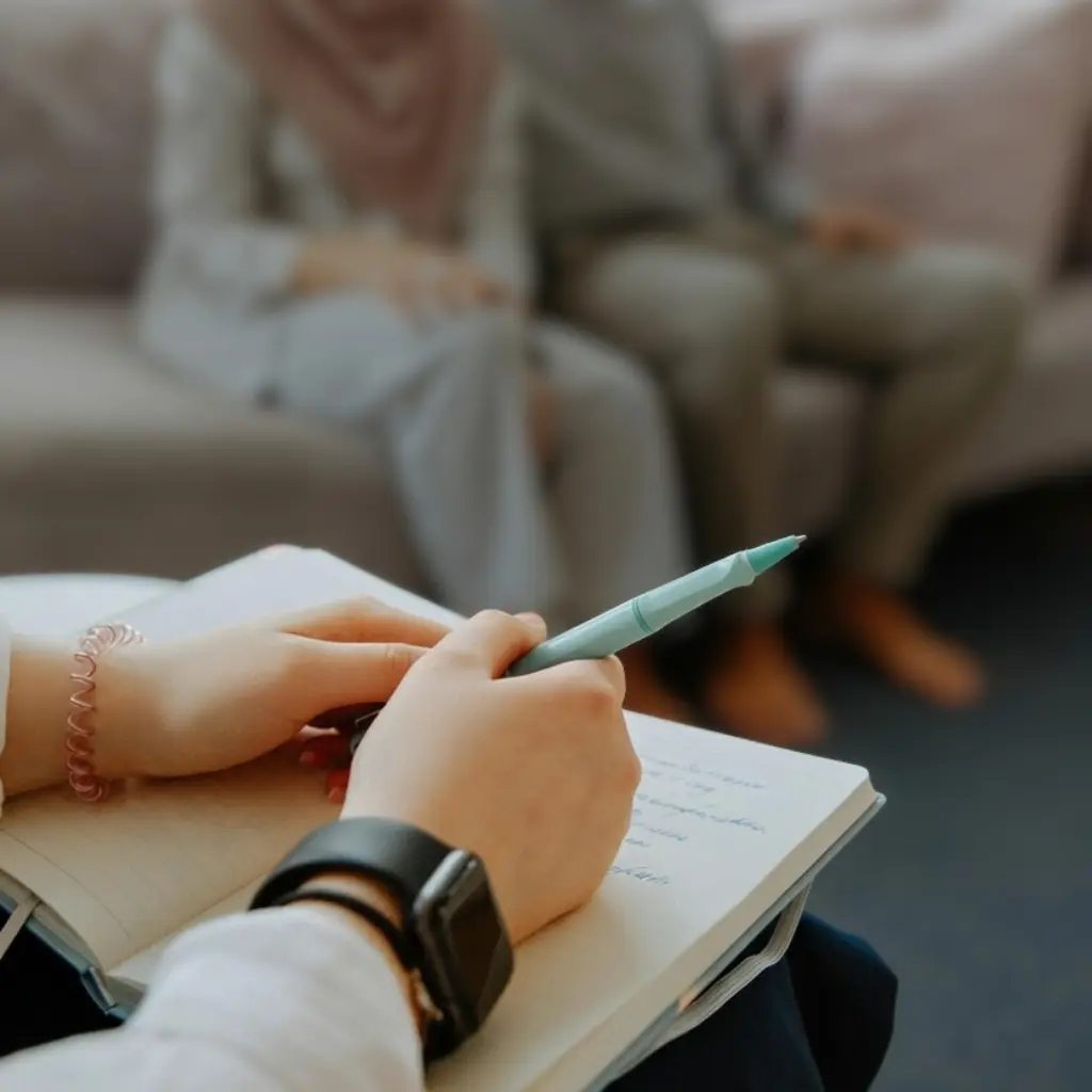 Hands holding a pen and writing in a notebook while two people sit together on a couch in the background.
